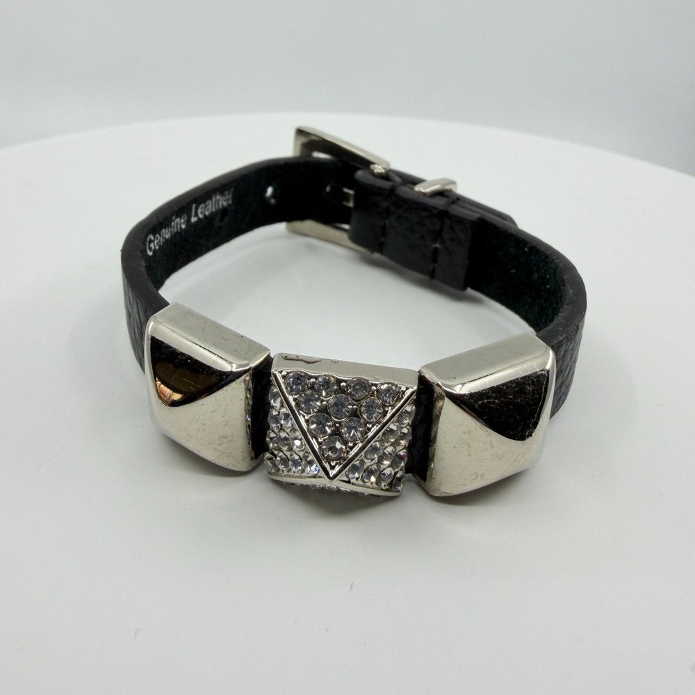 Genuine Leather Crystal Buckle Bracelet Gothic Punk Statement Cuff Accessory - Picture 3 of 12